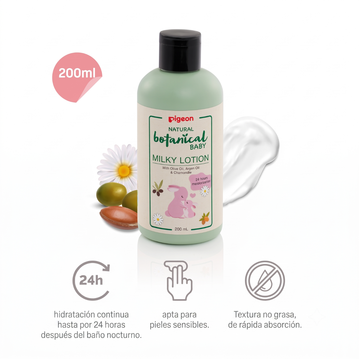 Loción Crema Hidratante Bebé Natural Pigeon 200ml 24h Argán Oliva Manzanilla Loción Crema Hidratante Bebé Natural Pigeon 200ml 24h Argán Oliva Manzanilla